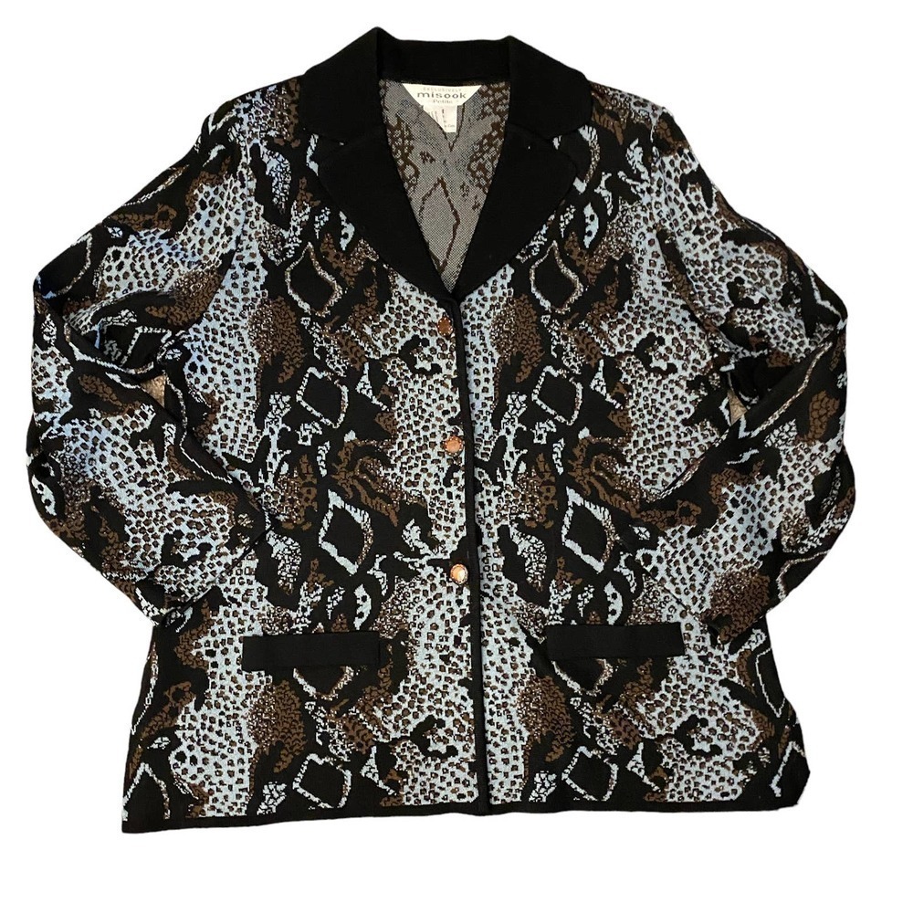 Misook Blue Black Jacket Tank Set Size Medium Knit reptile animal print blazer - Picture 2 of 16